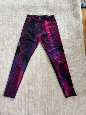 Adidas Girls Active Leggings Pink & Purple Striped w/Black Panels Size Med 10/12